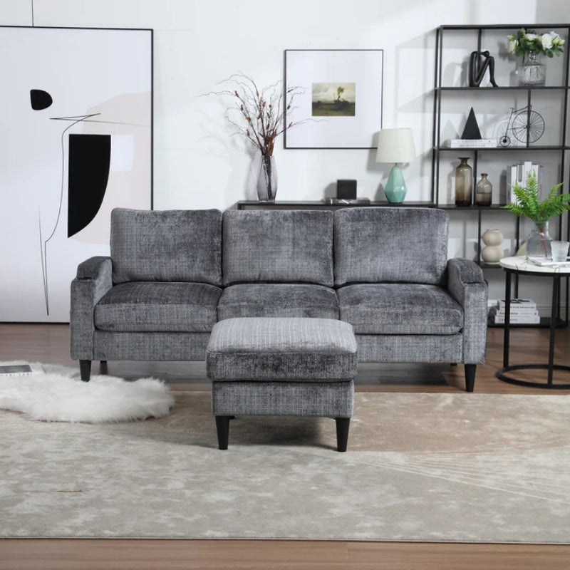 UNITED WE WIN Sofa for three, solid wood frame, Chenille fabric, side pocket, with two cup holders, footstool with storagestorage sofa /Living room sofa cozy sectional sofa-海智集-Default-