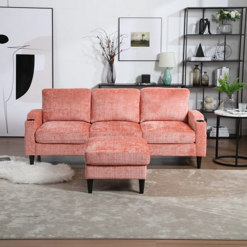 UNITED WE WIN Sofa for three, solid wood frame, Chenille fabric, side pocket, with two cup holders, footstool with storagestorage sofa /Living room sofa cozy sectional sofa-海智集-Default-