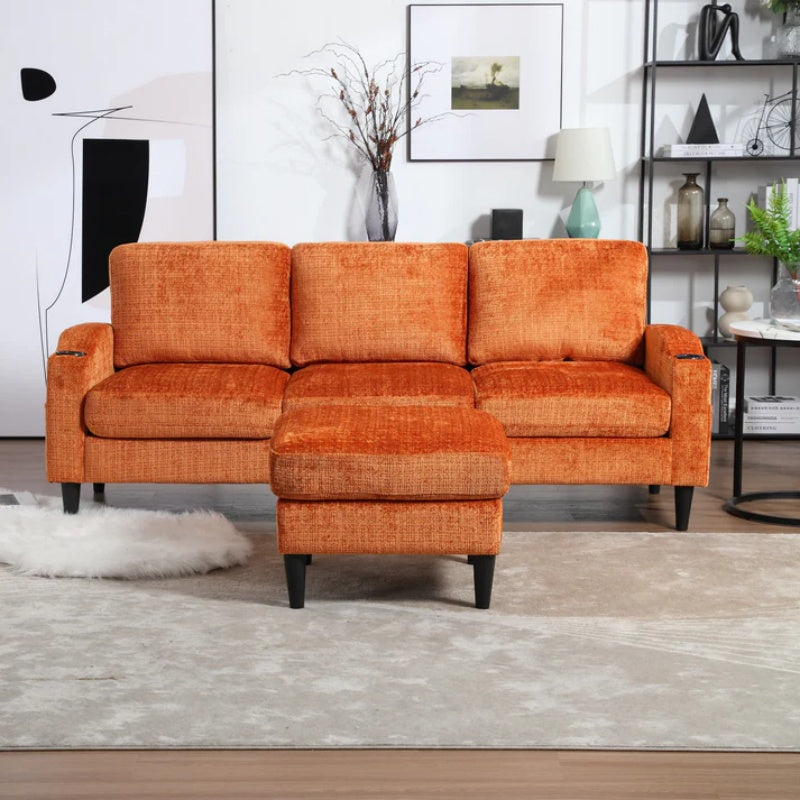UNITED WE WIN Sofa for three, solid wood frame, Chenille fabric, side pocket, with two cup holders, footstool with storagestorage sofa /Living room sofa cozy sectional sofa-海智集-Default-