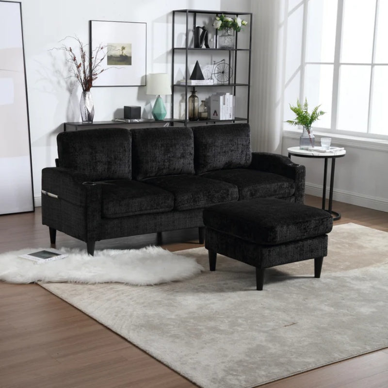UNITED WE WIN Sofa for three, solid wood frame, Chenille fabric, side pocket, with two cup holders, footstool with storagestorage sofa /Living room sofa cozy sectional sofa-海智集-Default-