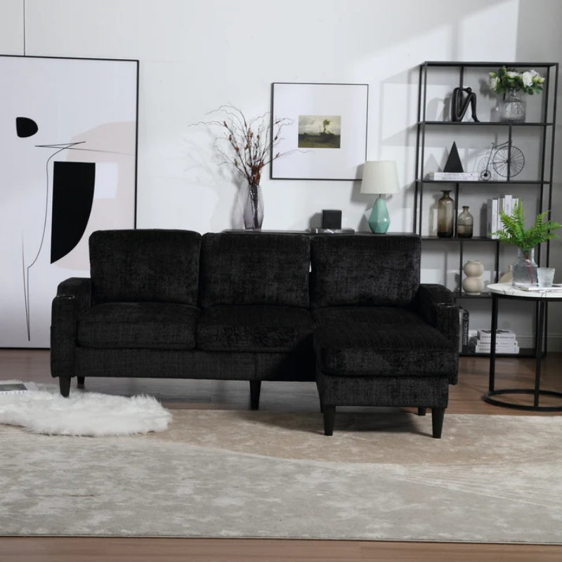 UNITED WE WIN Sofa for three, solid wood frame, Chenille fabric, side pocket, with two cup holders, footstool with storagestorage sofa /Living room sofa cozy sectional sofa-海智集-Default-