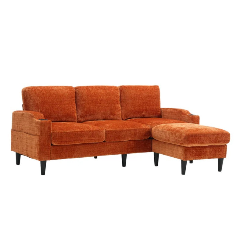 UNITED WE WIN Sofa for three, solid wood frame, Chenille fabric, side pocket, with two cup holders, footstool with storagestorage sofa /Living room sofa cozy sectional sofa-海智集-Default-