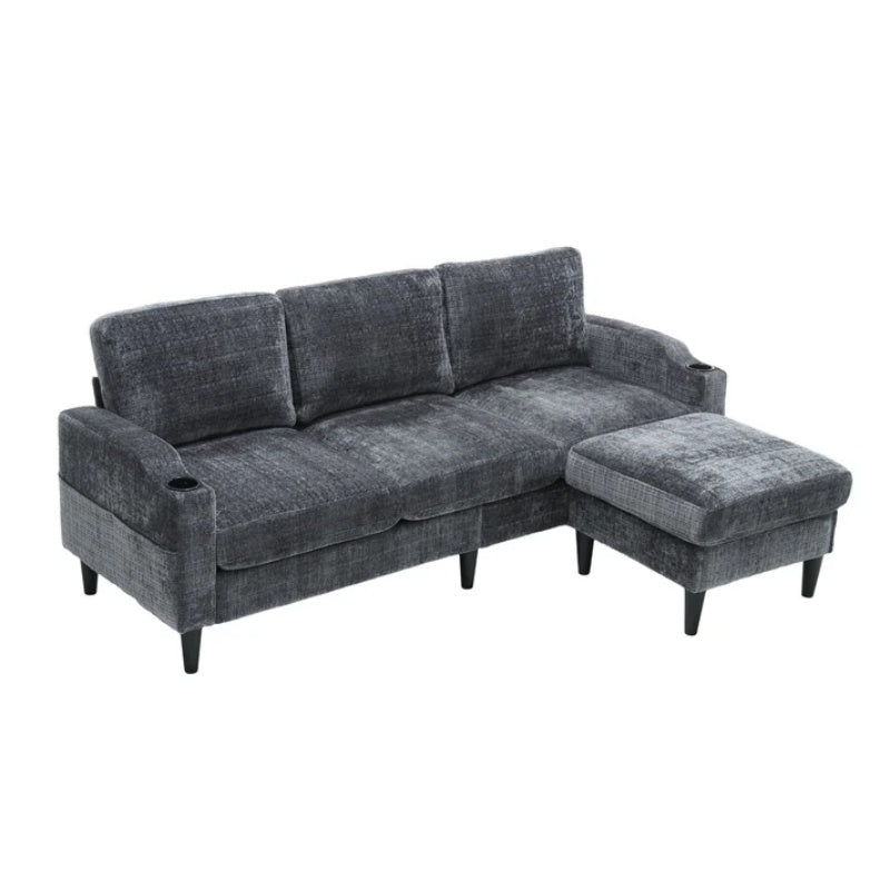 UNITED WE WIN Sofa for three, solid wood frame, Chenille fabric, side pocket, with two cup holders, footstool with storagestorage sofa /Living room sofa cozy sectional sofa-海智集-Default-