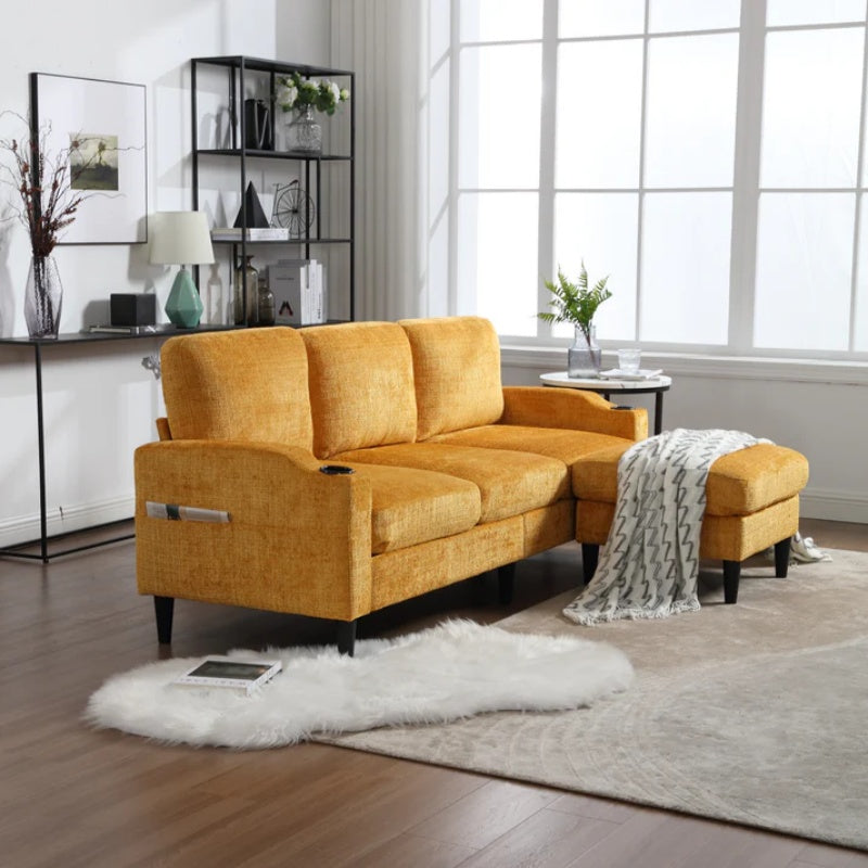 UNITED WE WIN Sofa for three, solid wood frame, Chenille fabric, side pocket, with two cup holders, footstool with storagestorage sofa /Living room sofa cozy sectional sofa-海智集-Default-
