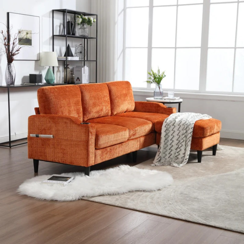 UNITED WE WIN Sofa for three, solid wood frame, Chenille fabric, side pocket, with two cup holders, footstool with storagestorage sofa /Living room sofa cozy sectional sofa-海智集-Default-