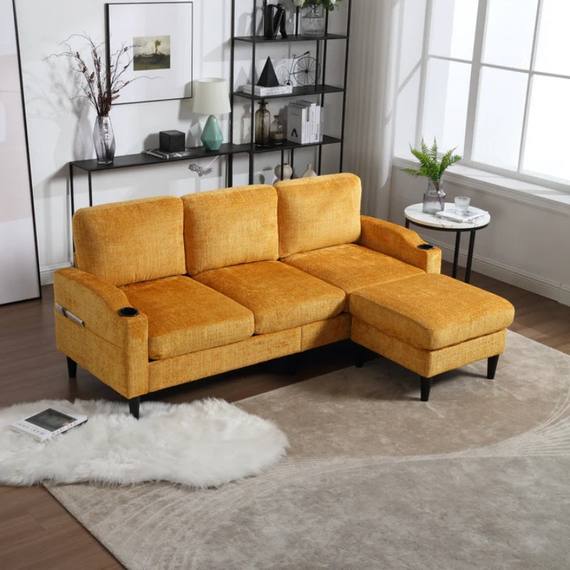 UNITED WE WIN Sofa for three, solid wood frame, Chenille fabric, side pocket, with two cup holders, footstool with storagestorage sofa /Living room sofa cozy sectional sofa-海智集-Default-