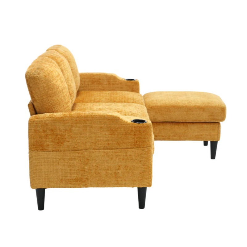 UNITED WE WIN Sofa for three, solid wood frame, Chenille fabric, side pocket, with two cup holders, footstool with storagestorage sofa /Living room sofa cozy sectional sofa-海智集-Default-