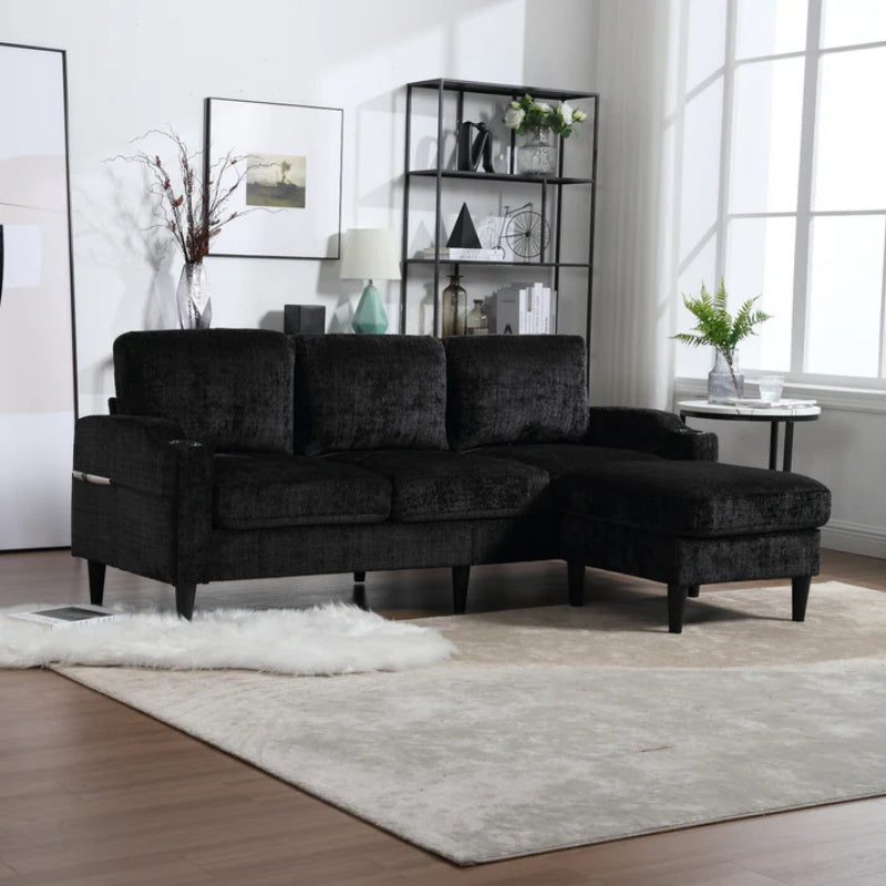 UNITED WE WIN Sofa for three, solid wood frame, Chenille fabric, side pocket, with two cup holders, footstool with storagestorage sofa /Living room sofa cozy sectional sofa-海智集-Default-