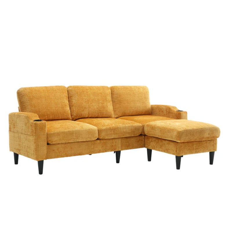 UNITED WE WIN Sofa for three, solid wood frame, Chenille fabric, side pocket, with two cup holders, footstool with storagestorage sofa /Living room sofa cozy sectional sofa-海智集-Default-