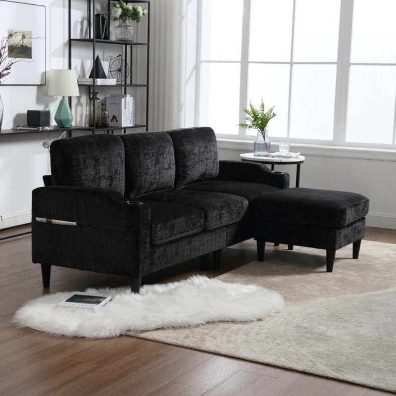 UNITED WE WIN Sofa for three, solid wood frame, Chenille fabric, side pocket, with two cup holders, footstool with storagestorage sofa /Living room sofa cozy sectional sofa-海智集-Default-