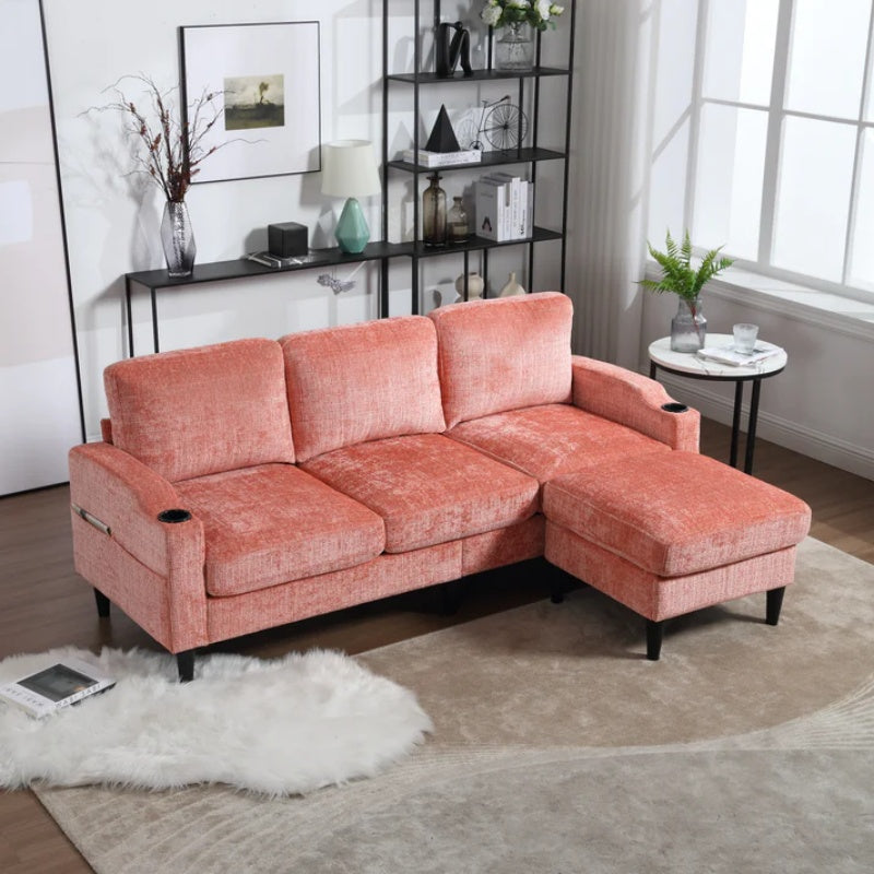 UNITED WE WIN Sofa for three, solid wood frame, Chenille fabric, side pocket, with two cup holders, footstool with storagestorage sofa /Living room sofa cozy sectional sofa-海智集-Default-