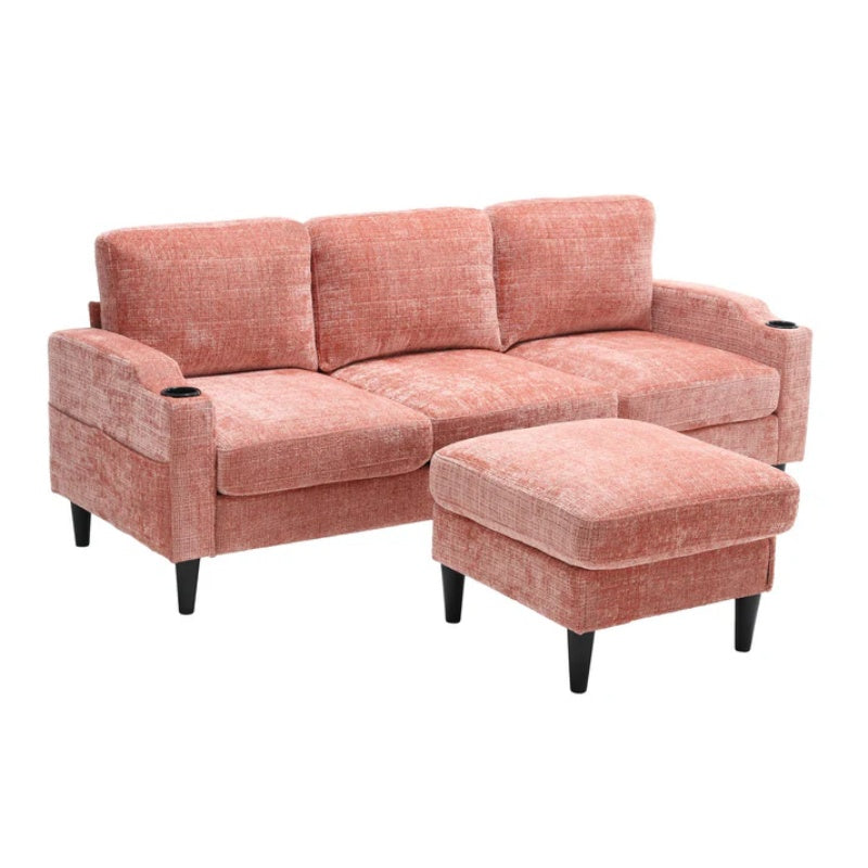 UNITED WE WIN Sofa for three, solid wood frame, Chenille fabric, side pocket, with two cup holders, footstool with storagestorage sofa /Living room sofa cozy sectional sofa-海智集-Default-