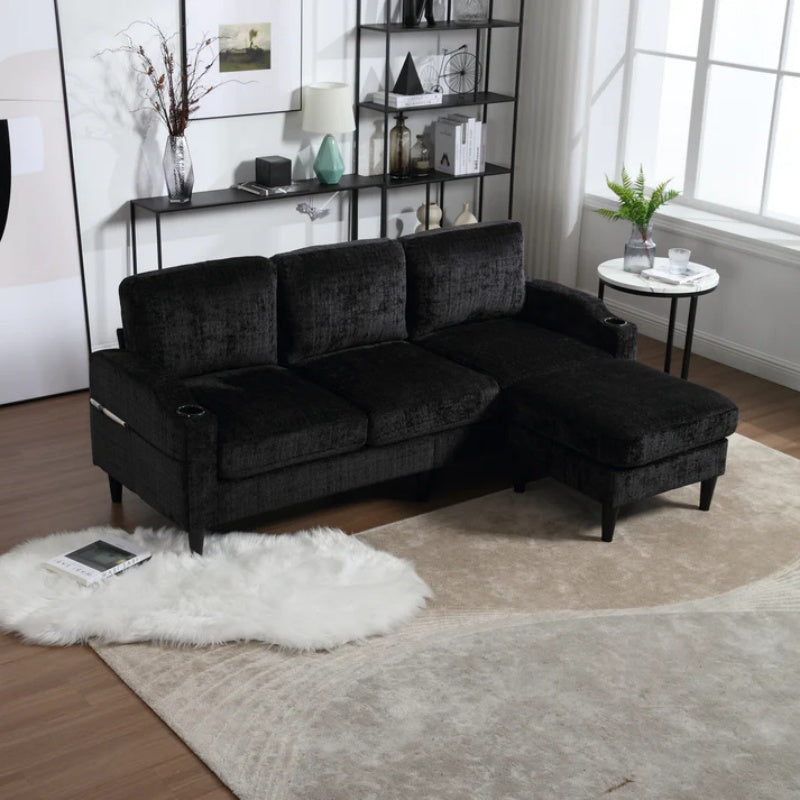 UNITED WE WIN Sofa for three, solid wood frame, Chenille fabric, side pocket, with two cup holders, footstool with storagestorage sofa /Living room sofa cozy sectional sofa-海智集-Default-