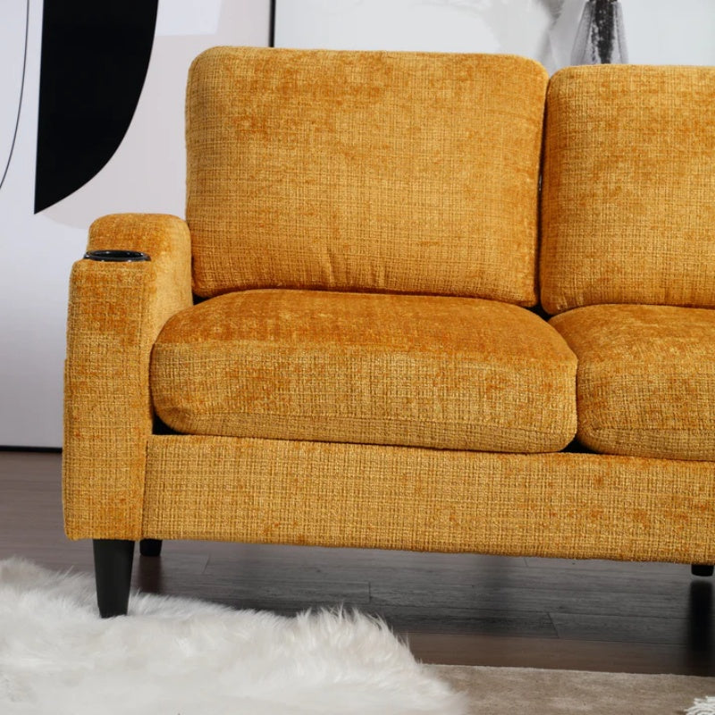 UNITED WE WIN Sofa for three, solid wood frame, Chenille fabric, side pocket, with two cup holders, footstool with storagestorage sofa /Living room sofa cozy sectional sofa-海智集-Default-
