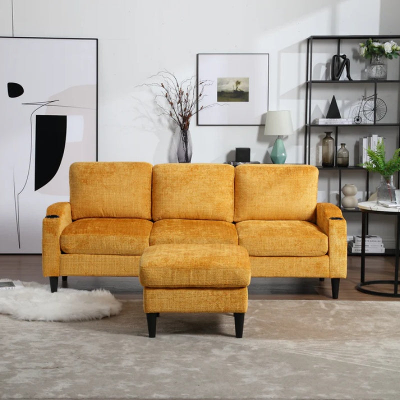 UNITED WE WIN Sofa for three, solid wood frame, Chenille fabric, side pocket, with two cup holders, footstool with storagestorage sofa /Living room sofa cozy sectional sofa-海智集-Default-