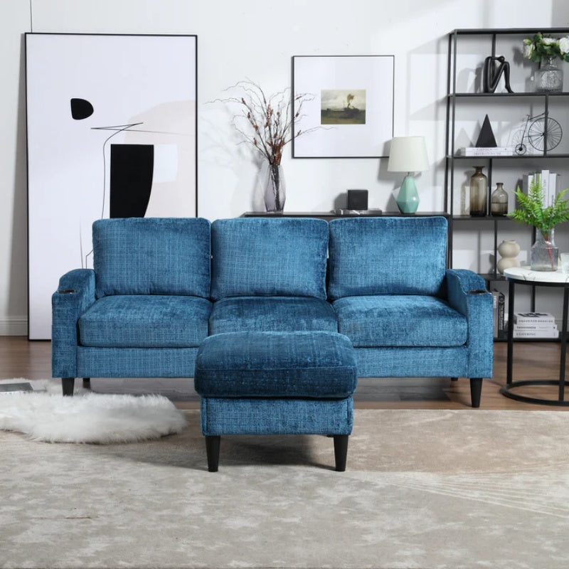 UNITED WE WIN Sofa for three, solid wood frame, Chenille fabric, side pocket, with two cup holders, footstool with storagestorage sofa /Living room sofa cozy sectional sofa-海智集-Default-