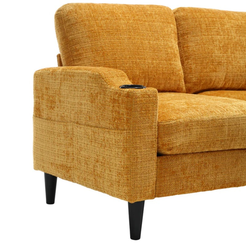 UNITED WE WIN Sofa for three, solid wood frame, Chenille fabric, side pocket, with two cup holders, footstool with storagestorage sofa /Living room sofa cozy sectional sofa-海智集-Default-
