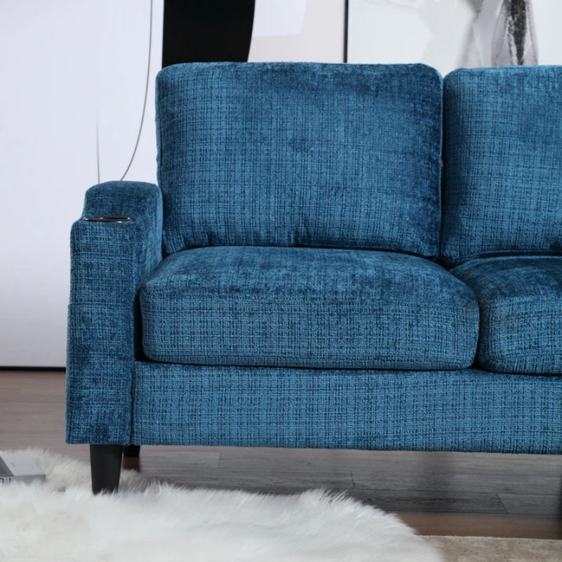 UNITED WE WIN Sofa for three, solid wood frame, Chenille fabric, side pocket, with two cup holders, footstool with storagestorage sofa /Living room sofa cozy sectional sofa-海智集-Default-