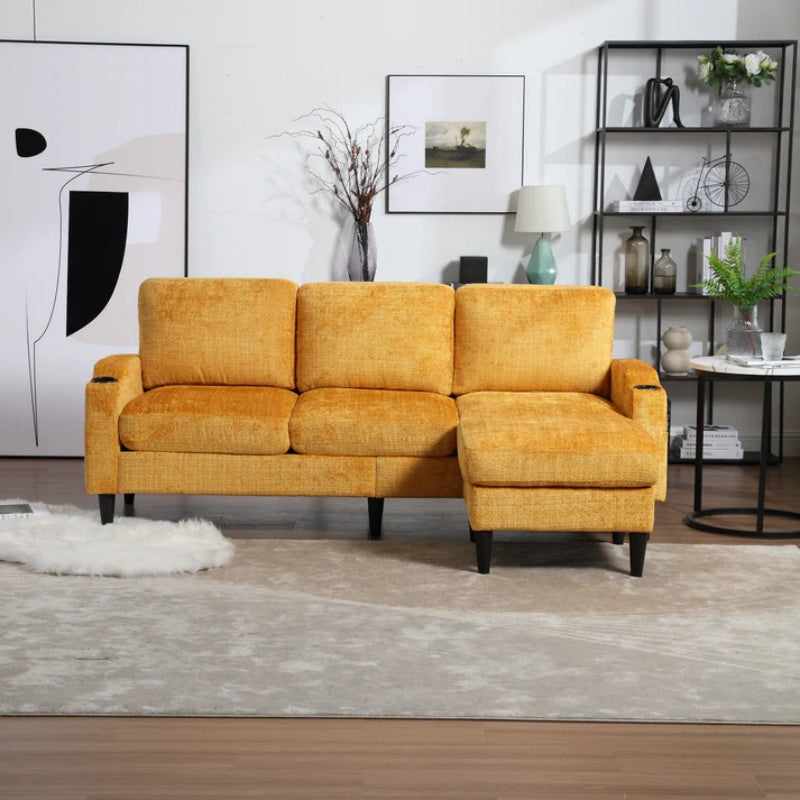 UNITED WE WIN Sofa for three, solid wood frame, Chenille fabric, side pocket, with two cup holders, footstool with storagestorage sofa /Living room sofa cozy sectional sofa-海智集-Default-