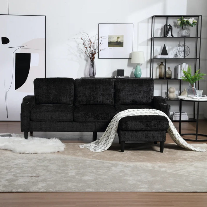 UNITED WE WIN Sofa for three, solid wood frame, Chenille fabric, side pocket, with two cup holders, footstool with storagestorage sofa /Living room sofa cozy sectional sofa-海智集-Default-