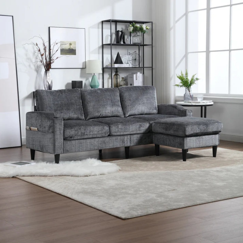 UNITED WE WIN Sofa for three, solid wood frame, Chenille fabric, side pocket, with two cup holders, footstool with storagestorage sofa /Living room sofa cozy sectional sofa-海智集-Default-