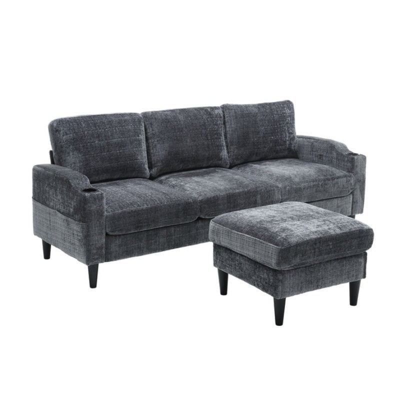 UNITED WE WIN Sofa for three, solid wood frame, Chenille fabric, side pocket, with two cup holders, footstool with storagestorage sofa /Living room sofa cozy sectional sofa-海智集-Default-