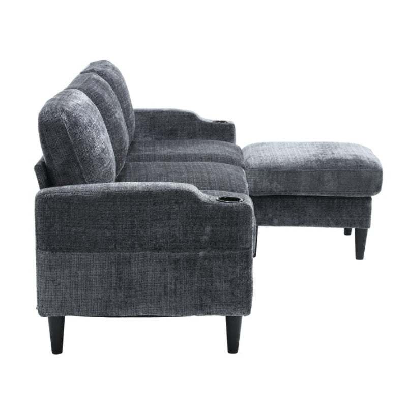 UNITED WE WIN Sofa for three, solid wood frame, Chenille fabric, side pocket, with two cup holders, footstool with storagestorage sofa /Living room sofa cozy sectional sofa-海智集-Default-
