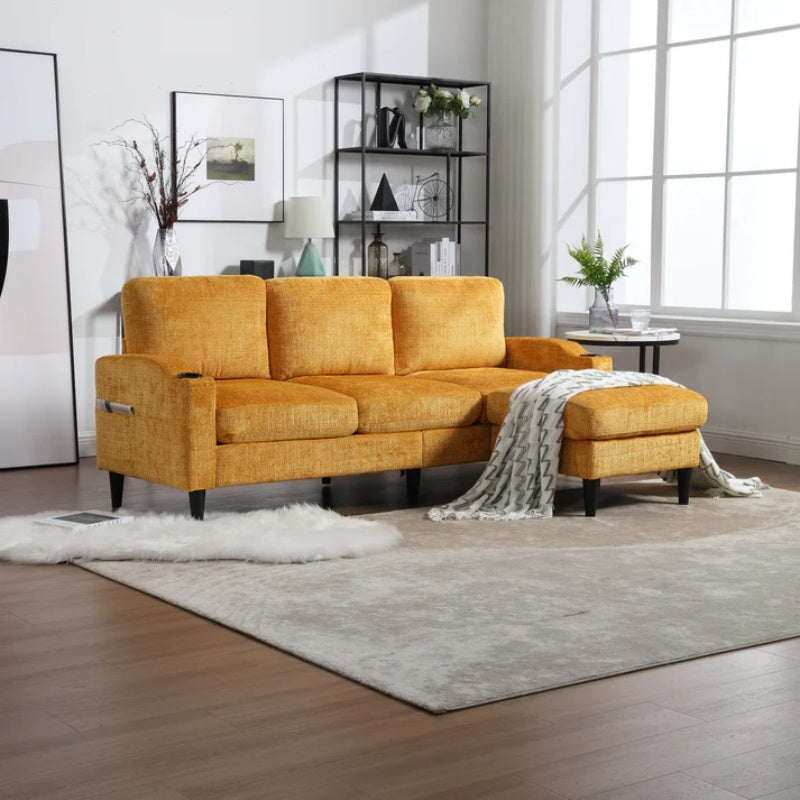 UNITED WE WIN Sofa for three, solid wood frame, Chenille fabric, side pocket, with two cup holders, footstool with storagestorage sofa /Living room sofa cozy sectional sofa-海智集-Default-