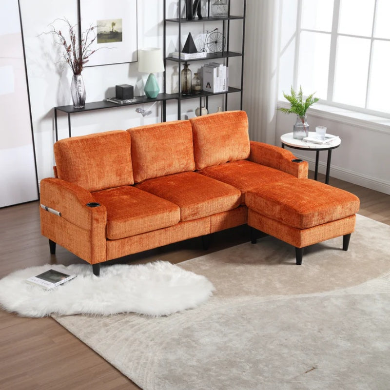 UNITED WE WIN Sofa for three, solid wood frame, Chenille fabric, side pocket, with two cup holders, footstool with storagestorage sofa /Living room sofa cozy sectional sofa-海智集-Default-