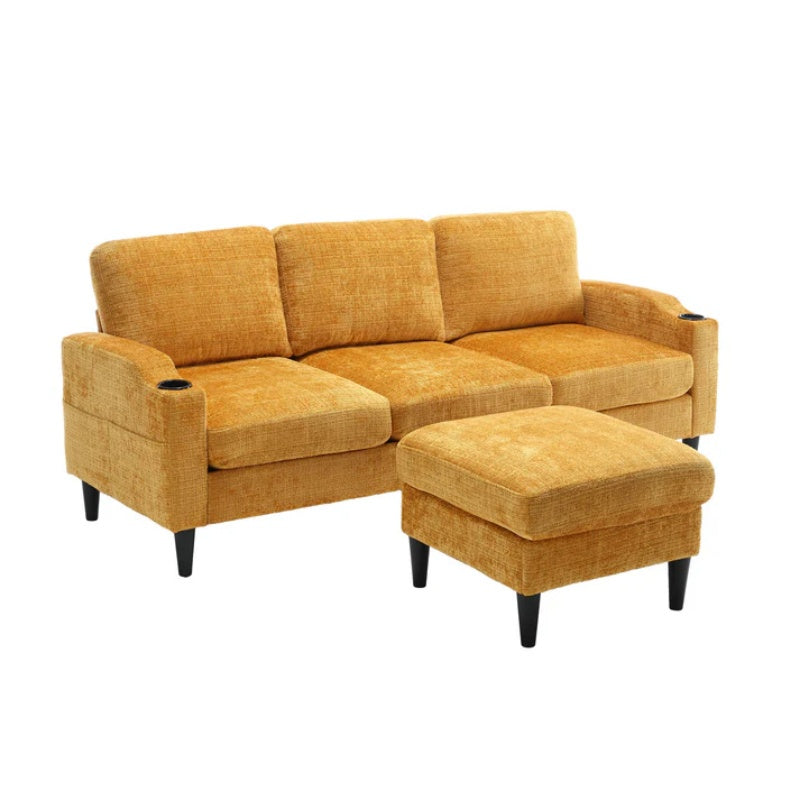 UNITED WE WIN Sofa for three, solid wood frame, Chenille fabric, side pocket, with two cup holders, footstool with storagestorage sofa /Living room sofa cozy sectional sofa-海智集-Default-