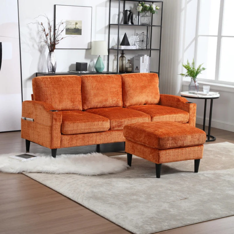 UNITED WE WIN Sofa for three, solid wood frame, Chenille fabric, side pocket, with two cup holders, footstool with storagestorage sofa /Living room sofa cozy sectional sofa-海智集-Default-
