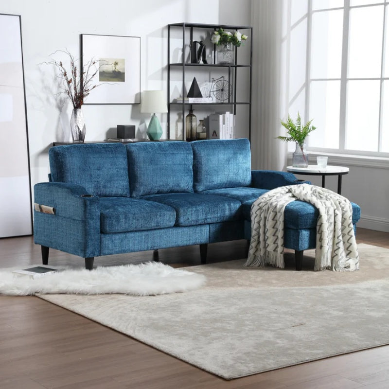 UNITED WE WIN Sofa for three, solid wood frame, Chenille fabric, side pocket, with two cup holders, footstool with storagestorage sofa /Living room sofa cozy sectional sofa-海智集-Default-