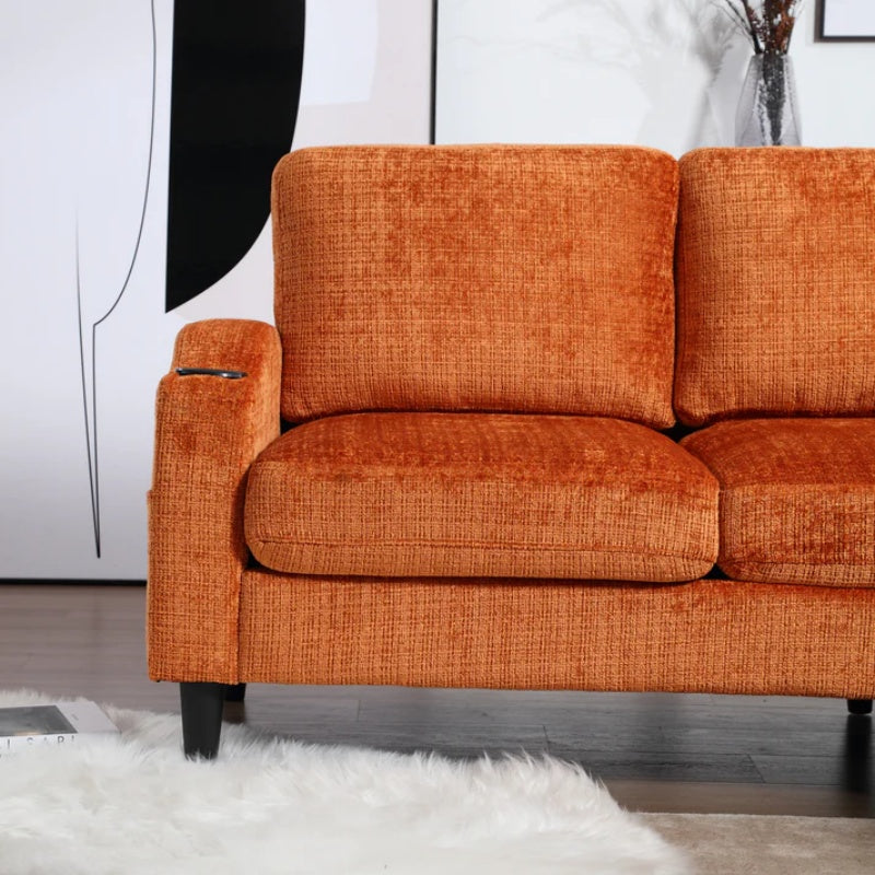 UNITED WE WIN Sofa for three, solid wood frame, Chenille fabric, side pocket, with two cup holders, footstool with storagestorage sofa /Living room sofa cozy sectional sofa-海智集-Default-