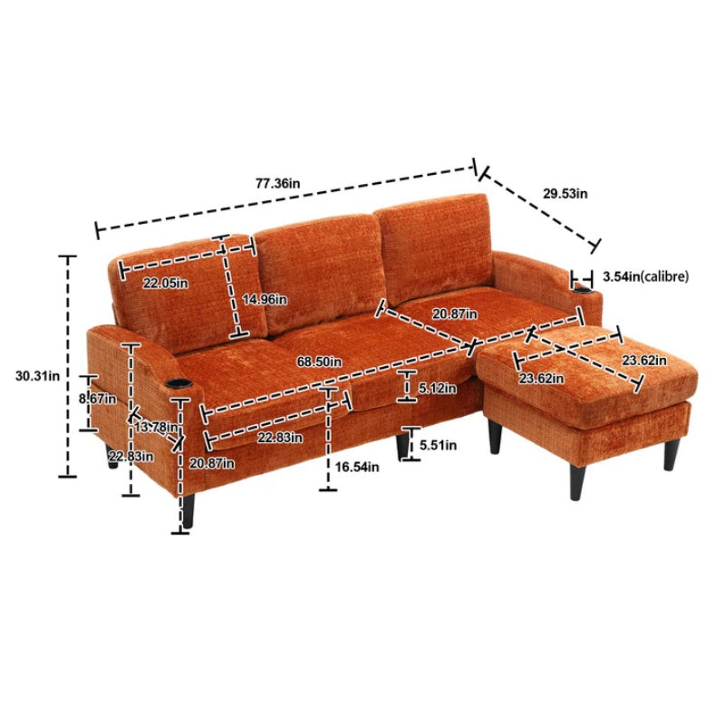 UNITED WE WIN Sofa for three, solid wood frame, Chenille fabric, side pocket, with two cup holders, footstool with storagestorage sofa /Living room sofa cozy sectional sofa-海智集-Default-