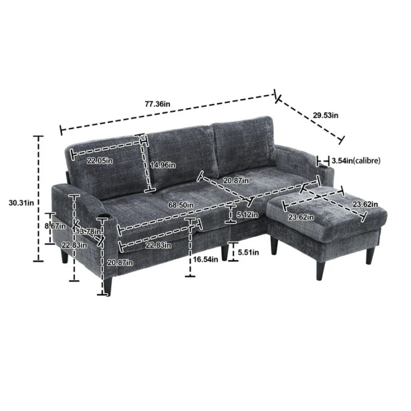 UNITED WE WIN Sofa for three, solid wood frame, Chenille fabric, side pocket, with two cup holders, footstool with storagestorage sofa /Living room sofa cozy sectional sofa-海智集-Default-