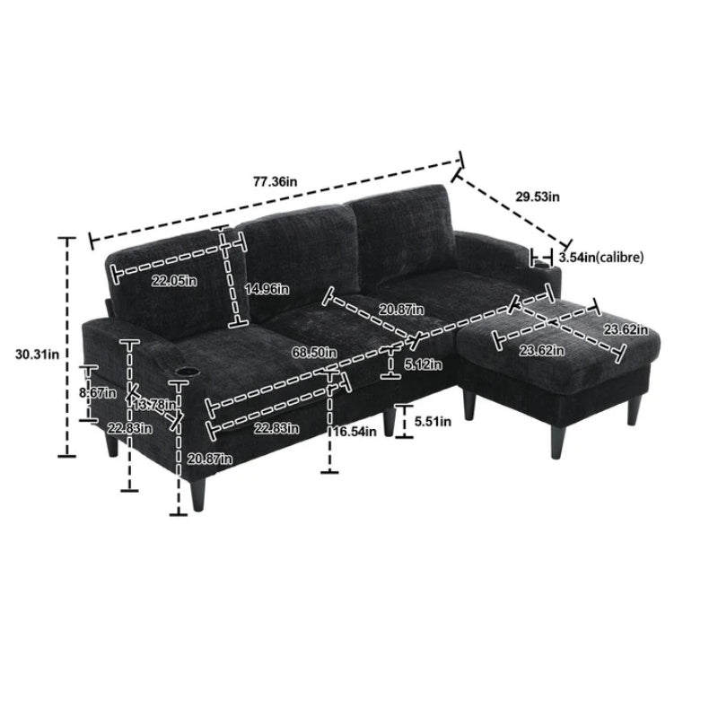 UNITED WE WIN Sofa for three, solid wood frame, Chenille fabric, side pocket, with two cup holders, footstool with storagestorage sofa /Living room sofa cozy sectional sofa-海智集-Default-