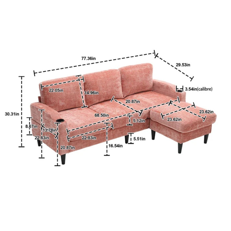UNITED WE WIN Sofa for three, solid wood frame, Chenille fabric, side pocket, with two cup holders, footstool with storagestorage sofa /Living room sofa cozy sectional sofa-海智集-Default-