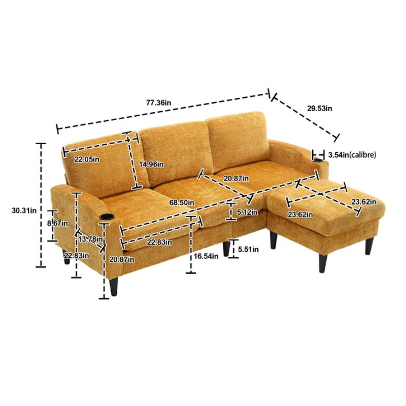 UNITED WE WIN Sofa for three, solid wood frame, Chenille fabric, side pocket, with two cup holders, footstool with storagestorage sofa /Living room sofa cozy sectional sofa-海智集-Default-