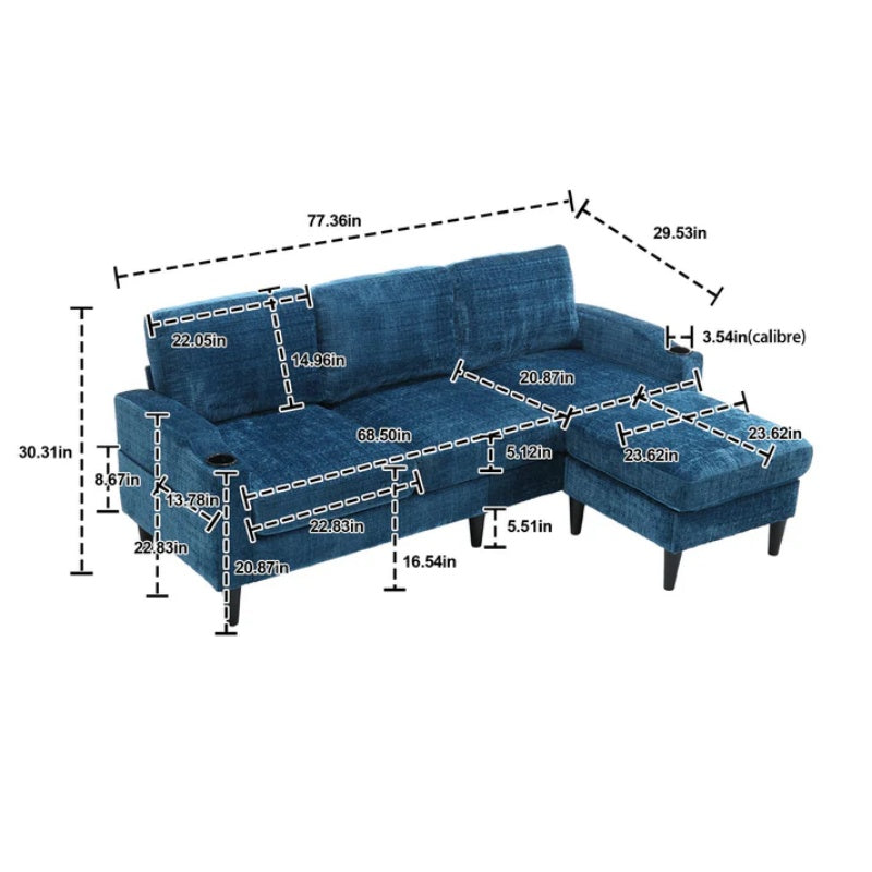 UNITED WE WIN Sofa for three, solid wood frame, Chenille fabric, side pocket, with two cup holders, footstool with storagestorage sofa /Living room sofa cozy sectional sofa-海智集-Default-