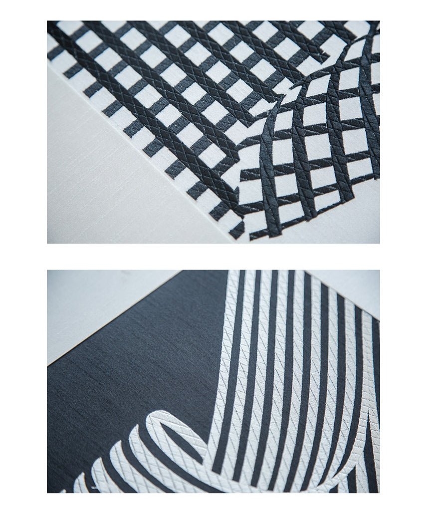 Commercial Suzhou Full Embroidery — framed, simulated silk, soft luster. Dual craftsmanship. Wholesale for decor firms, commercial use; home use too. Art decor for hotels, offices, residences.GorgeousBlack - and - White Lines-海智集-