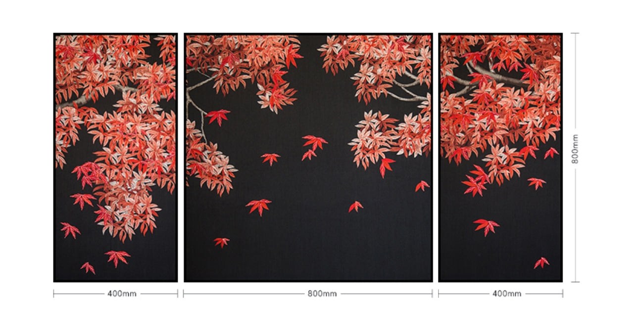 Commercial Suzhou Full Embroidery — framed, simulated silk, soft luster. Dual craftsmanship. Wholesale for decor firms, commercial use; home use too. Art decor for hotels, offices, residences.GorgeousMaple Leaves in Crimson-海智集-