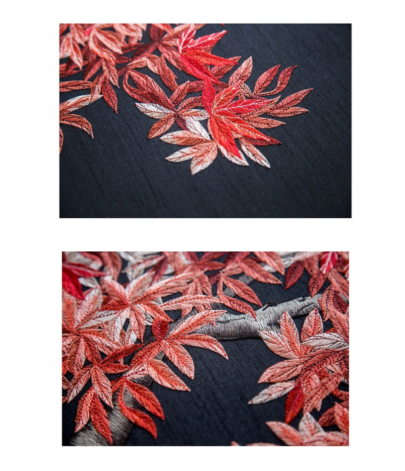Commercial Suzhou Full Embroidery — framed, simulated silk, soft luster. Dual craftsmanship. Wholesale for decor firms, commercial use; home use too. Art decor for hotels, offices, residences.GorgeousMaple Leaves in Crimson-海智集-