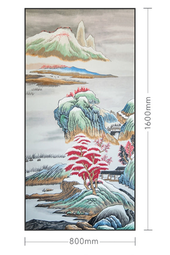 Commercial Suzhou Full Embroidery — framed, simulated silk, soft luster. Dual craftsmanship. Wholesale for decor firms, commercial use; home use too. Art decor for hotels, offices, residences.GorgeousSnowscape of Lake and Mountains-海智集-