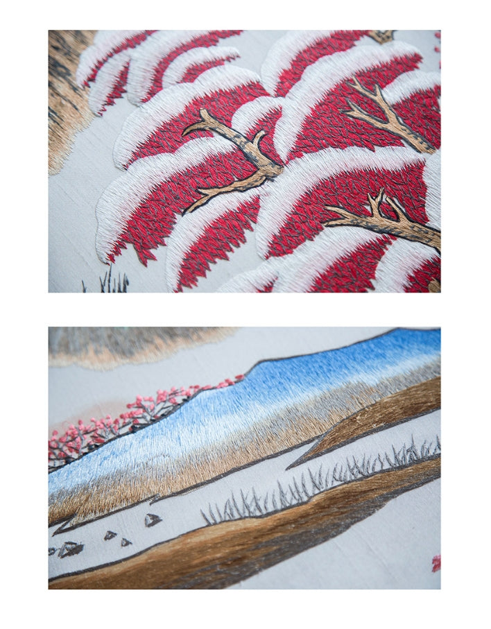 Commercial Suzhou Full Embroidery — framed, simulated silk, soft luster. Dual craftsmanship. Wholesale for decor firms, commercial use; home use too. Art decor for hotels, offices, residences.GorgeousSnowscape of Lake and Mountains-海智集-