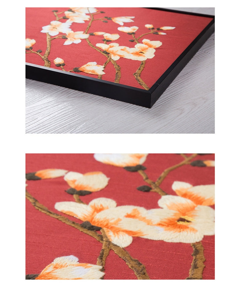Commercial Suzhou Full Embroidery — framed, simulated silk, soft luster. Dual craftsmanship. Wholesale for decor firms, commercial use; home use too. Art decor for hotels, offices, residences.GorgeousRed Courtyards with Jade StepsⅡ-海智集-