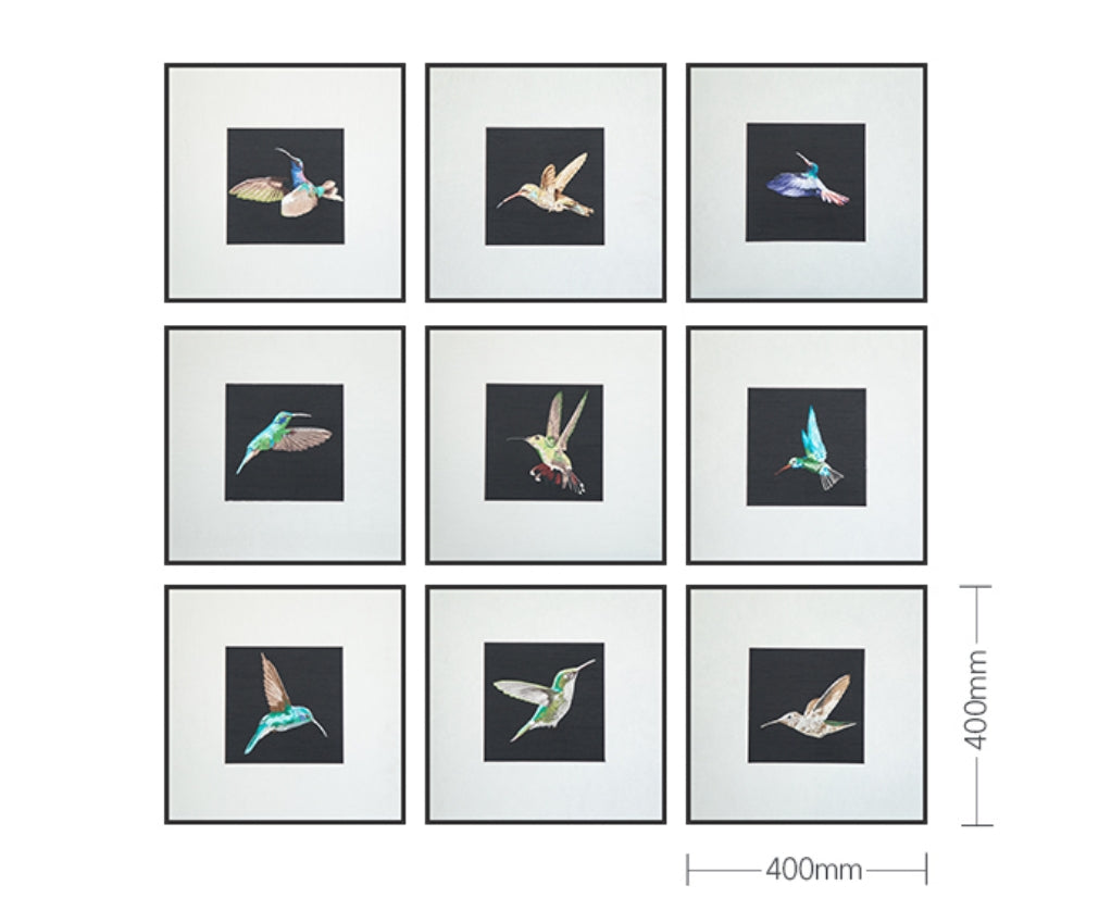 Commercial Suzhou Full Embroidery — framed, simulated silk, soft luster. Dual craftsmanship. Wholesale for decor firms, commercial use; home use too. Art decor for hotels, offices, residences.GorgeousCollection of Hummingbirds-海智集-