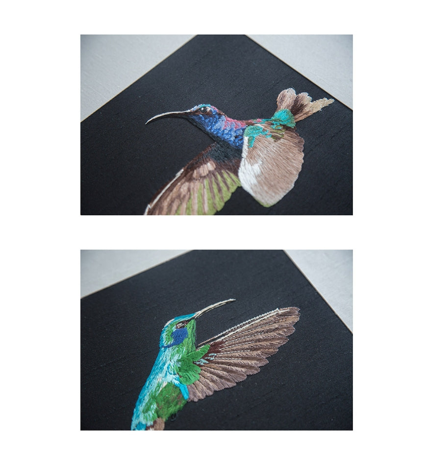 Commercial Suzhou Full Embroidery — framed, simulated silk, soft luster. Dual craftsmanship. Wholesale for decor firms, commercial use; home use too. Art decor for hotels, offices, residences.GorgeousCollection of Hummingbirds-海智集-