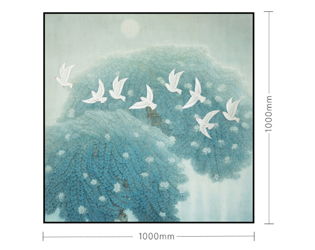 Commercial Suzhou Full Embroidery — framed, simulated silk, soft luster. Dual craftsmanship. Wholesale for decor firms, commercial use; home use too. Art decor for hotels, offices, residences.Frosty Morning Moon-海智集-