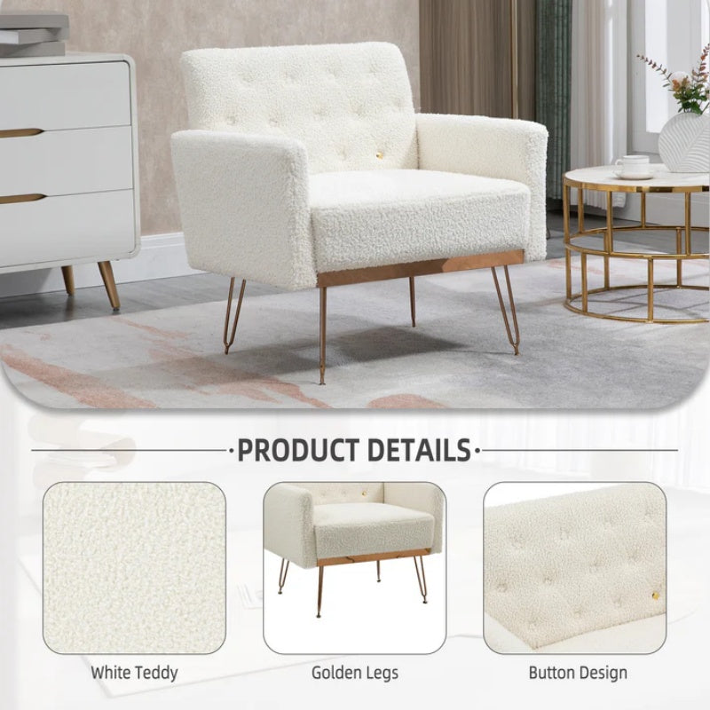 COOLMORE Armchair Single Sofa Modern Tufted Upholstered Side Reading Chairs with Arm and Gold Metal Leg for Living Room Bedroom (White teddy )-海智集-Default-