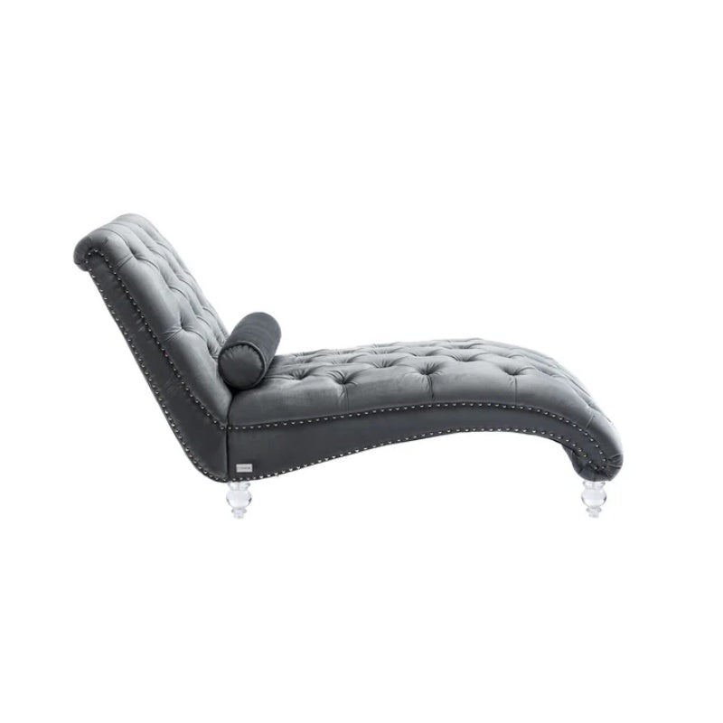 Velvet Chaise Lounge Indoor, Button-Tufted Upholstered Chaise Lounge Chair with Pillow, Silver Velvet, 63.98 Inches-海智集-Default-